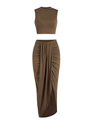 ZAFUL Women's Casual Sleeveless Summer Two Piece Outfits Solid Crop Top and Draped Ruched Maxi Skirt Set Solid Suiting (B-Brown, M)