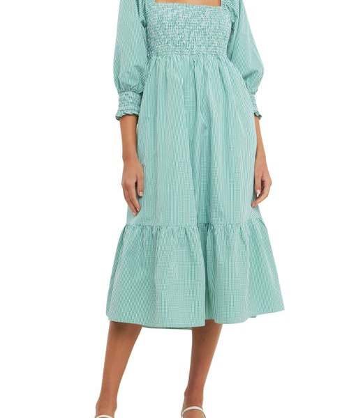 English Factory Smocked Gingham Print Midi Dress in Green at Nordstrom, Size X-Small
