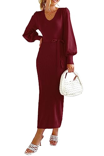 PRETTYGARDEN Women's 2023 Fall Knit Pullover Sweater Elegant Long Lantern Sleeve V Neck Maxi Dress (Wine Red,Medium)