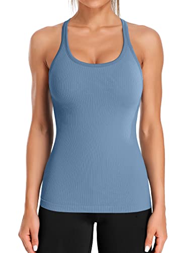 ATTRACO Racerback Yoga Tank Tops for Women Ribbed Seamless Built in Bra Workout Top Blue
