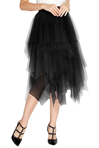 Women’s Elegant Mesh Layered Tulle Skirt Sheer Tutu Skirt Midi Dress (L, Black)