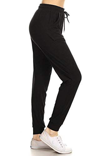 Leggings Depot Womens Relaxed fit Jogger Pants - Track Cuff Sweatpants with Pockets, Black, Large