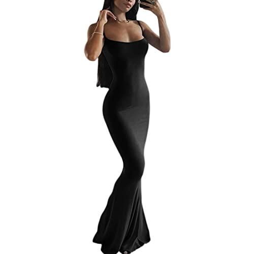 Women Bodycon Long Backless Spaghetti Strap Maxi Date Night Going Out Club Dress Evening Party Easter Sleeveless Simple Dresses Black Medium