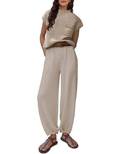 Lentta Women's 2 Piece Sweater Sets Outfits Knit Pullover Tops High Waisted Pants with Pockets(LightKhaki-S)