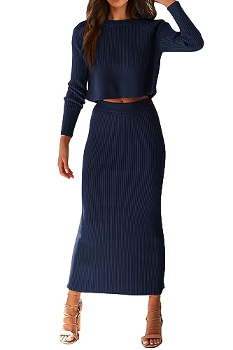 PRETTYGARDEN Women's Fall 2 Piece Sweater Set Rib Knit Long Sleeve Crop Top Maxi Bodycon Skirt Casual Outfits Dress (Dark Blue,Large)