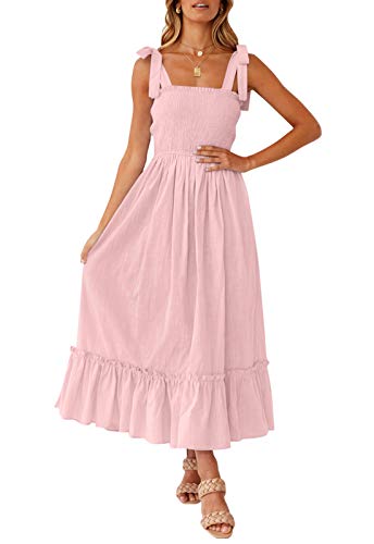 ZESICA Women's 2023 Summer Boho Spaghetti Strap Square Neck Solid Color Ruffle A Line Beach Long Maxi Dress,Pink,Medium