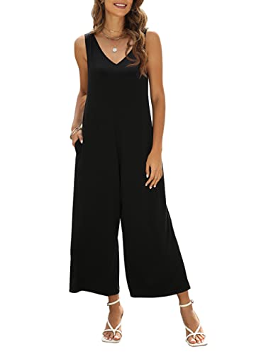 Qnasey Women's Summer Loose Tank Top Jumpsuit Casual Sleeveless V Neck Romper Wide Leg Long Jumpsuit with Pockets Small Black