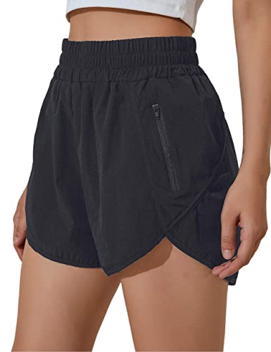 BMJL Women's Running Shorts Elastic High Waisted Shorts Pocket Sporty Workout Shorts Quick Dry Athletic Shorts Pants Summer Clothes(M,Black)