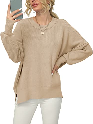 ANRABESS Women's Crewneck Sweater 2023 Fall Loose Pullover Long Sleeve Casual Chunky Knit Warm Oversize Sweaters with Split A305-huaxIng-M Khaki