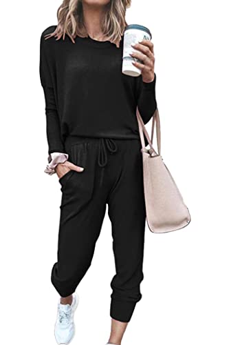 PRETTYGARDEN Women's 2023 Fall Two Piece Outfit Long Sleeve Crewneck Pullover Tops And Long Pants Tracksuit (Black,Medium)