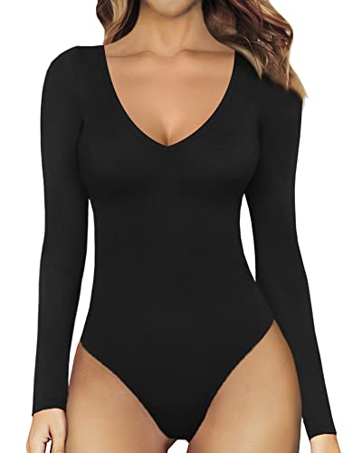 MANGOPOP Deep V Neck Short Sleeve Long Sleeve Tops Sexy Bodysuit for Women Clothing (B Long Sleeve Black, Small)