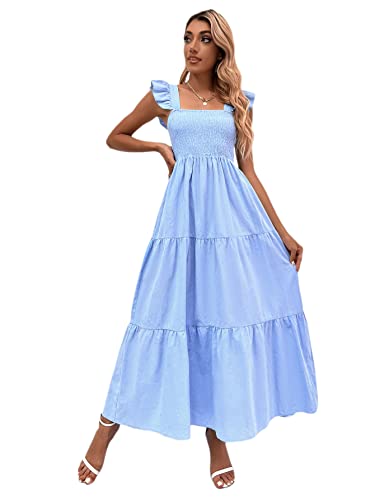 MakeMeChic Women's Summer Boho Dress Floral Print Spaghetti Strap Square Neck Shirred Maxi Dress Beach Sun Dress Blue L