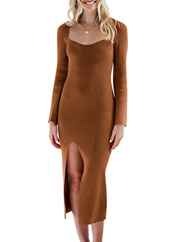 ANRABESS Sweater Dresses for Women 2023 Fall Trendy Sweetheart Neck Bell Long Sleeve Casual Slim Fit Tight Side Slit Ribbed Knit Midi Dress 578hongzong-S Brown