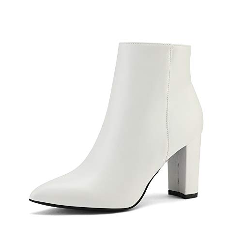 DREAM PAIRS Womens White Pu Chunky Heel Ankle Booties Pointed Toe Short Boots Size 9 B(M) US Sianna-1 Stunner, White/Pu