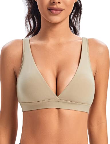 Gnowann Women's Plunge Bra Deep V-Neck Wireless Comfort Low Cut Bra Stretch Triangle Padded Bralettes for Women Beige S