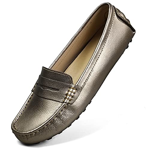 Artisure Women's Classic Handsewn Metallic Champagne Genuine Leather Penny Loafers Driving Moccasins Casual Boat Shoes Slip On Fashion Office Comfort Flats 9 M US SKS-1221XBJ090