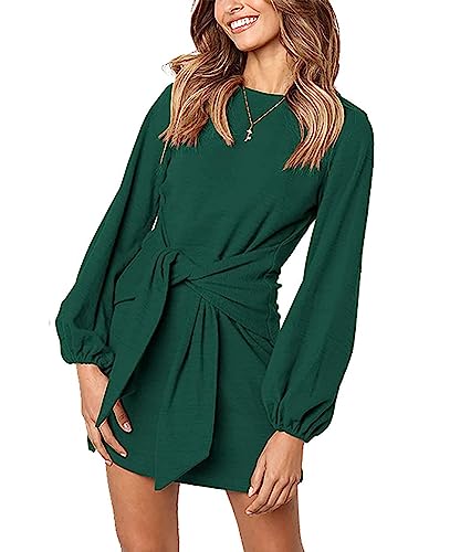 PRETTYGARDEN Women’s Elegant Long Lantern Sleeve Short Dress Crewneck Tie Waist Knit Cocktail Dress Dark Green