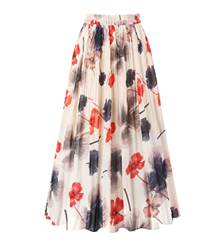 Kingfancy Women's Pleated Skirt Chiffon Elastic Waist A-Line Midi Length Skirt Beige Flower XL