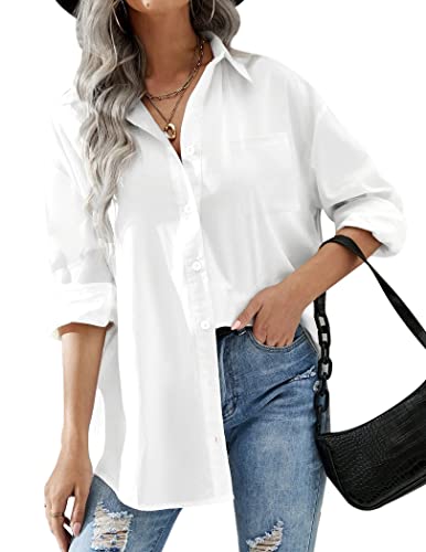 HOTOUCH Womens Button Up Office Dress Shirt Loose Drop Shoulder Blouse with Pockets White, Small, Long Sleeve