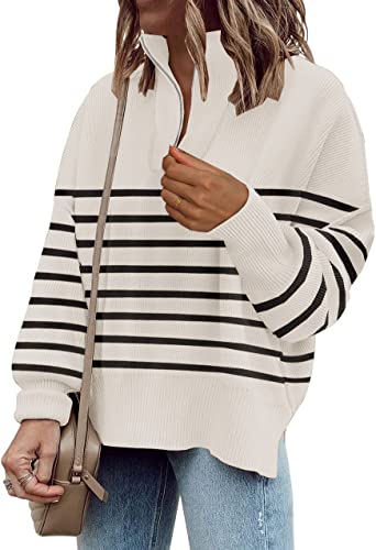 Womens Oversized Tunic Sweaters 1/4 Zipper Neck Knit Tops Casual Sweatshirt Pullover Stripes Sweater Side Split