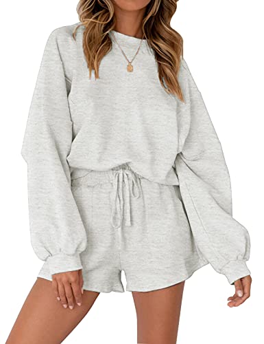 MEROKEETY Women's Oversized Batwing Sleeve Lounge Sets Casual Top and Shorts 2 Piece Outfits Sweatsuit Lightgrey