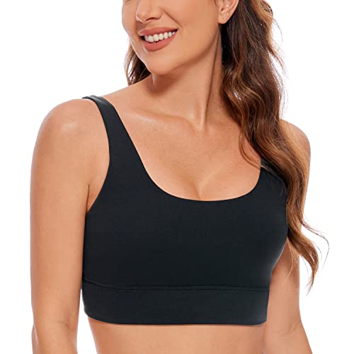 CRZ YOGA Womens Butterluxe U Back Sports Bra - Scoop Neck Padded Low Impact Workout Yoga Bra with Built in Bra Black Medium