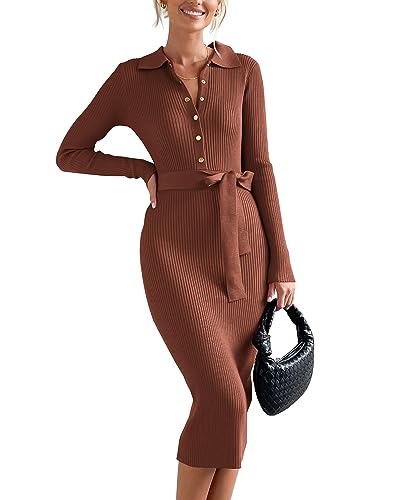 BTFBM 2023 Women V Neck Long Sleeve Bodycon Sweater Dress Button Up Tie Waist Ribbed Knit Midi Pencil Dresses with Belt(Solid Brown, Medium)