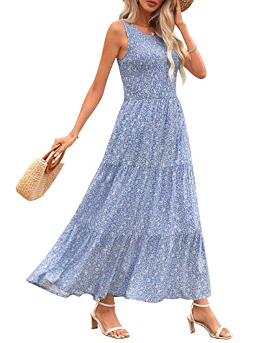 Zattcas Womens 2023 Spring Summer Casual Beach Boho Floral Midi Sun Dress Flowy Smocked Tiered Maxi Dress Pockets Modest Church Maternity Wedding Guest Sleeveless Tank Long Maxi Sundress Blue M
