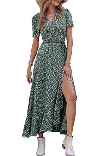 PRETTYGARDEN Women's Summer Wrap Maxi Dress Casual Boho Floral V Neck Short Sleeve Ruffle Hem Split Beach Long Dresses (Dark Green Floral,Medium)