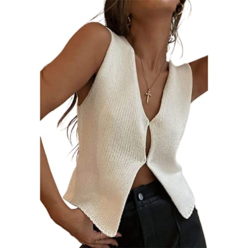 Women Crochet Vest Top Y2k Knit V Neck Sleeveless Button Down Vintage Casual Streetwear White S