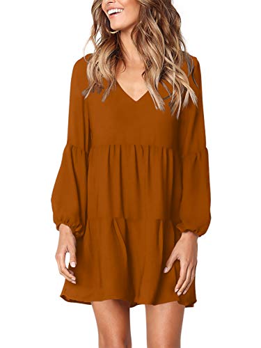 Amoretu Dresses for Women 2023 Tunic Dress V Neck Swing Shift Dresses(Brown,Small)