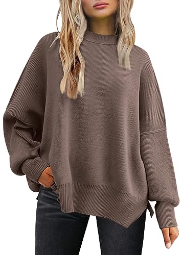 LILLUSORY Women's Crewneck Batwing Long Sleeve Sweater 2023 Fall Oversized Ribbed Knit Side Slit Pullover Top