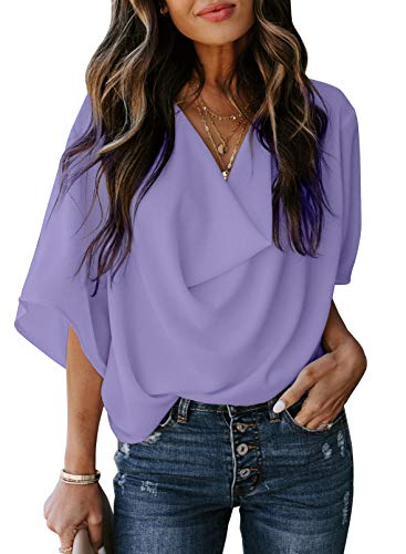 Dokotoo Womens Blouses and Tops Summer Short Sleeve V Neck Solid Color Ladies Wrap Draped Front Business Casual Fashion Chiffon Shirts and Tops Purple Medium