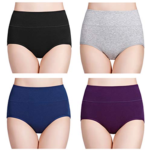 wirarpa Womens High Waisted Cotton Underwear Soft Full Brief Panties Ladies No Ride Up Underpants 4 Pack Assorted Solid Color Size Large