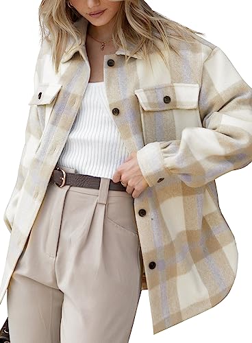 Beaully Women's Flannel Plaid Shacket Long Sleeve Button Down Chest Pocketed Shirts Jacket Coats 6017 B-Light Purple Plaid Medium