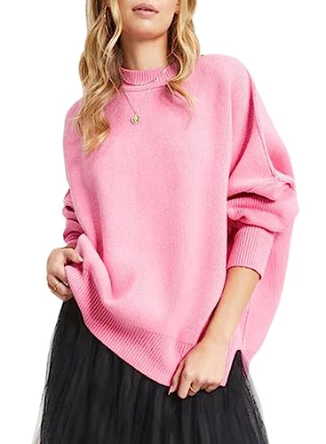 EVALESS Pink Sweaters for Women Batwing Sleeve Ribbed Knit Tops for Women Fashion 2023 Pullover Oversized Sweaters Crewneck Blouses for Women Business Casual Teacher Outfits Fall Winter Clothes,Large