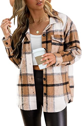 Womens Casual Plaid Shacket Wool Blend Button Down Long Sleeve Shirts Fall Outfit 2023 Jacket Shackets Fashion Blouse 2023 Apricot