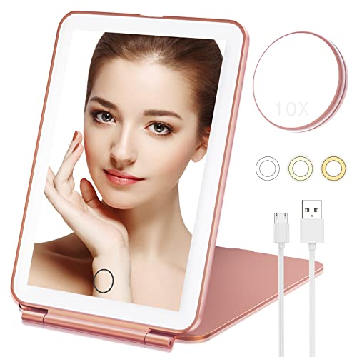 Mecion Makeup Mirror with 10X Magnifying Mirror, Vanity Mirror with 80 LED Lights, Compact LED Mirror, Portable Cosmetic Mirror with 3 Color Lights, Travel Accessories for Women (Rose Gold)