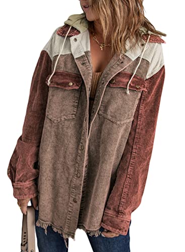 Dokotoo Womens Winter Fall 2023 Cardigan Corduroy Shacket Jackets Long Sleeve Flannel Shirts Button Down Shirts Contrast Color Block Oversized Hooded Ripped Outerwear with Pockets Pink Large