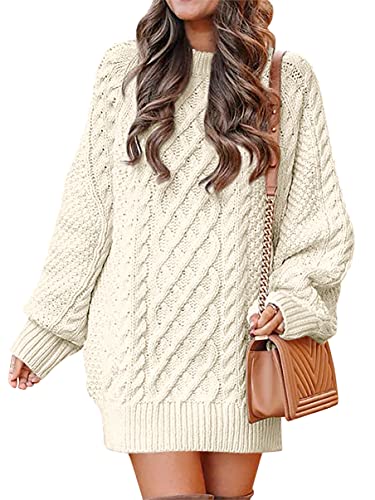 ANRABESS Women's Loose Crewneck Oversize Sweater Dress 2023 Fall Trendy Long Sleeve Baggy Loose Mini Short Dress Slouchy Chunky Cable Knit Tunic Sweaters 412baixing-S Beige
