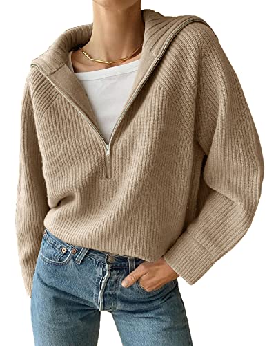 BTFBM Women’s Casual Long Sleeve Half Zip Pullover Sweaters Solid V Neck Collar Ribbed Knitted Loose Slouchy Jumper Tops(Solid Light Khaki, Medium)