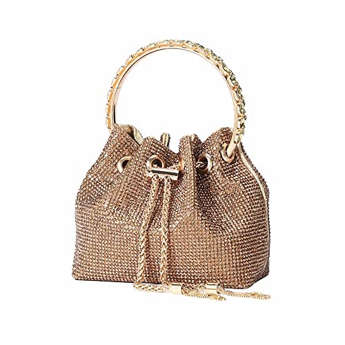 DJBM Women Full Diamonds Bucket Handbag Rhinestone Clutch Purse Evening Clutch for Women Party Prom Cocktail Wedding, Gold