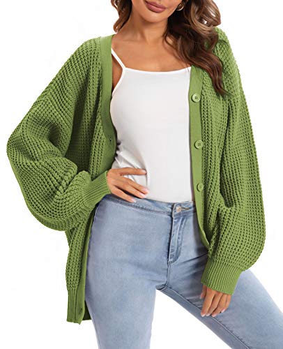 QUALFORT Women's Cardigan Sweater 100% Cotton Button-Down Long Sleeve Oversized Knit Cardigans Light Green Large