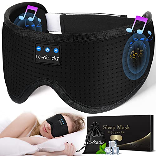 Sleep Headphones Sleep Mask with Bluetooth Headphones, LC-dolida Eye Mask for Sleeping Eye Pillow Sleeping Headphones for Side Sleepers Thin Speaker Cool Gadgets Gifts for Men&Women(ICY-Feeling Black)
