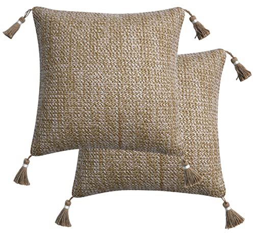 Honeycomb Indoor/Outdoor Raffia Natural Square Toss Pillow with Tassels, Woven Faux Jute Fabric, Recycled Polyester Fill, Weather Resistant, 2 Pack of Decorative Toss Pillows: 17” x 17”
