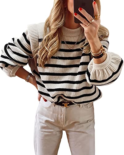 LouKeith Womens Long Sleeve Knit Sweater Crewneck Striped Loose Pullover Tops Lantern Sleeve Casual Sweaters Jumper Tops Apricot Black Stripes S