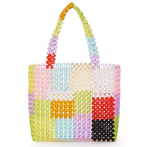 Grandxii Beaded Bag Summer Beach Bag Acrylic Handbags Handmade Tote Bags for Wedding Party Rainbow Colorful