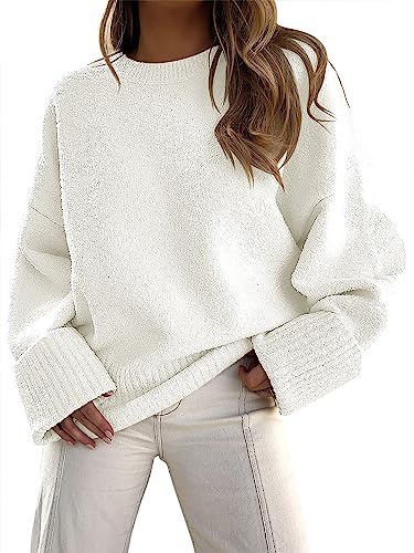ANRABESS Women's Crewneck Long Sleeve Oversized Fuzzy Knit Chunky Warm Pullover Sweater Top 626mibai-S White