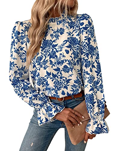 MakeMeChic Women's Floral Print Long Sleeve Ruffle High Neck Blouse Shirt Top A Blue M
