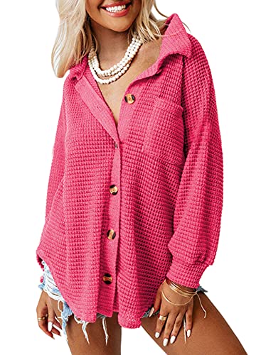 Dokotoo Women's Waffle Knit Shacket Long Sleeve Solid Color Button Down Shirts Boyfriend Loose Fit Batwing Sleeve Blouses for Women Hot Pink X-Large